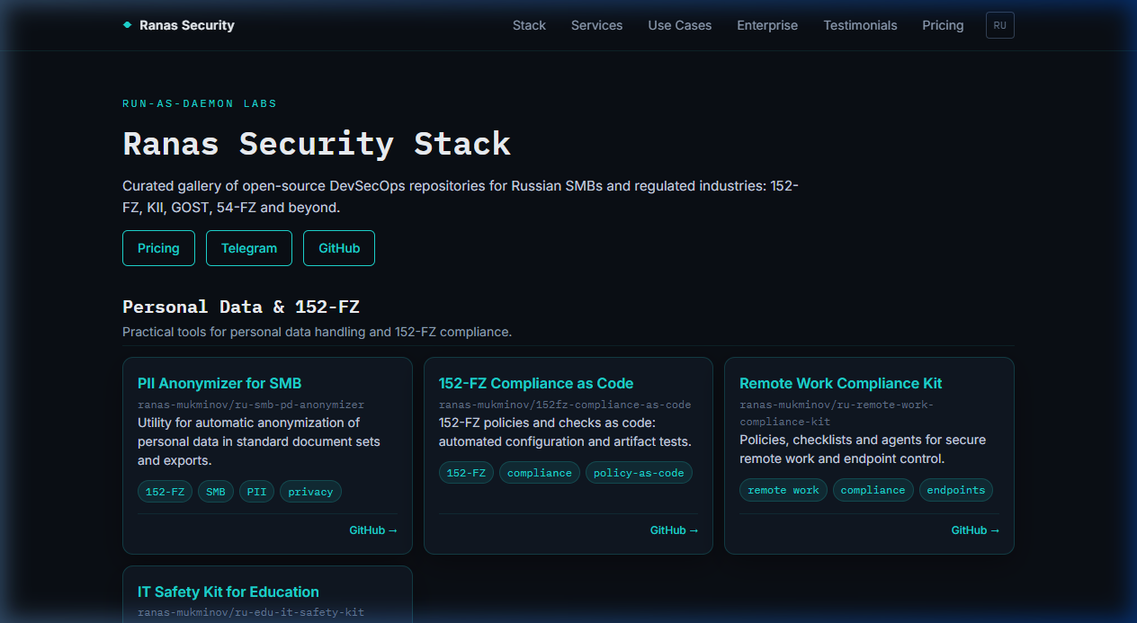 Ranas Security Stack — DevSecOps для BRICS, 152-ФЗ, КИИ, ГОСТ